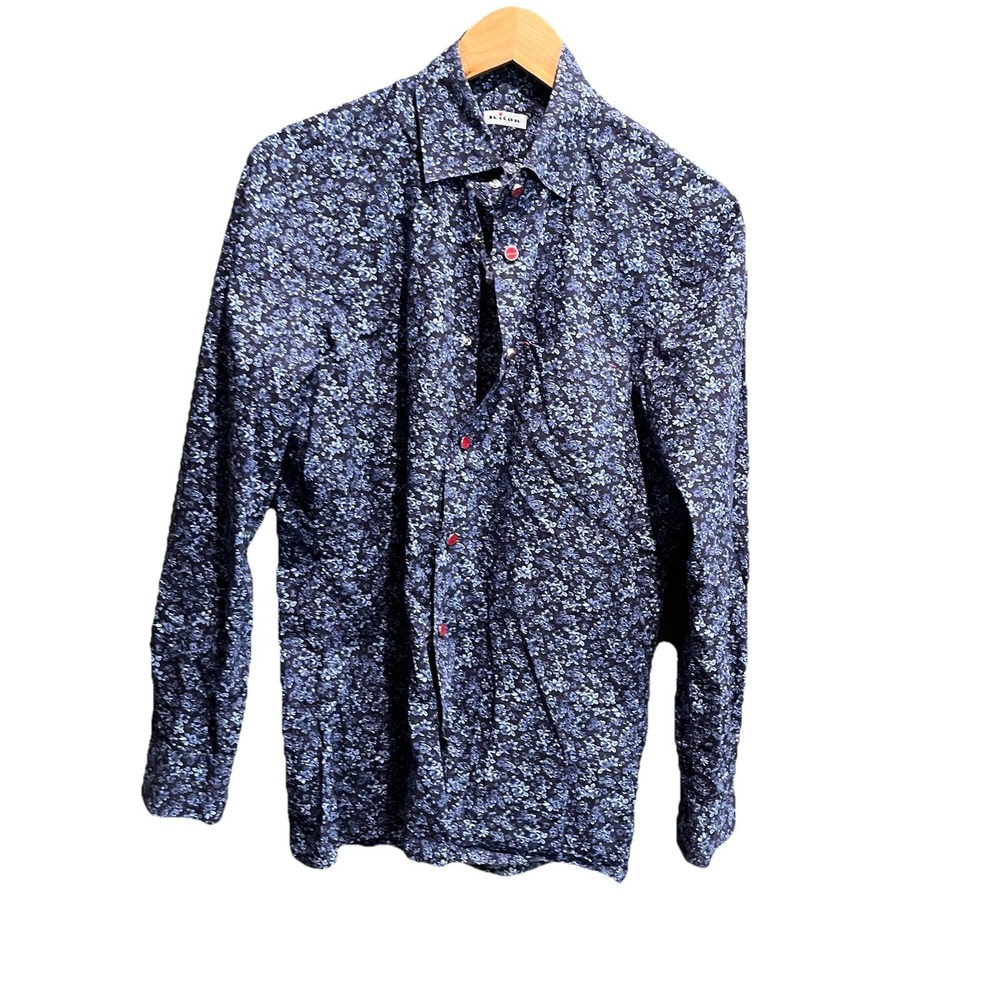 Kiton Blue Floral Cotton Long Sleeve Men's Snap Button Down Shirt Size 15 | 38